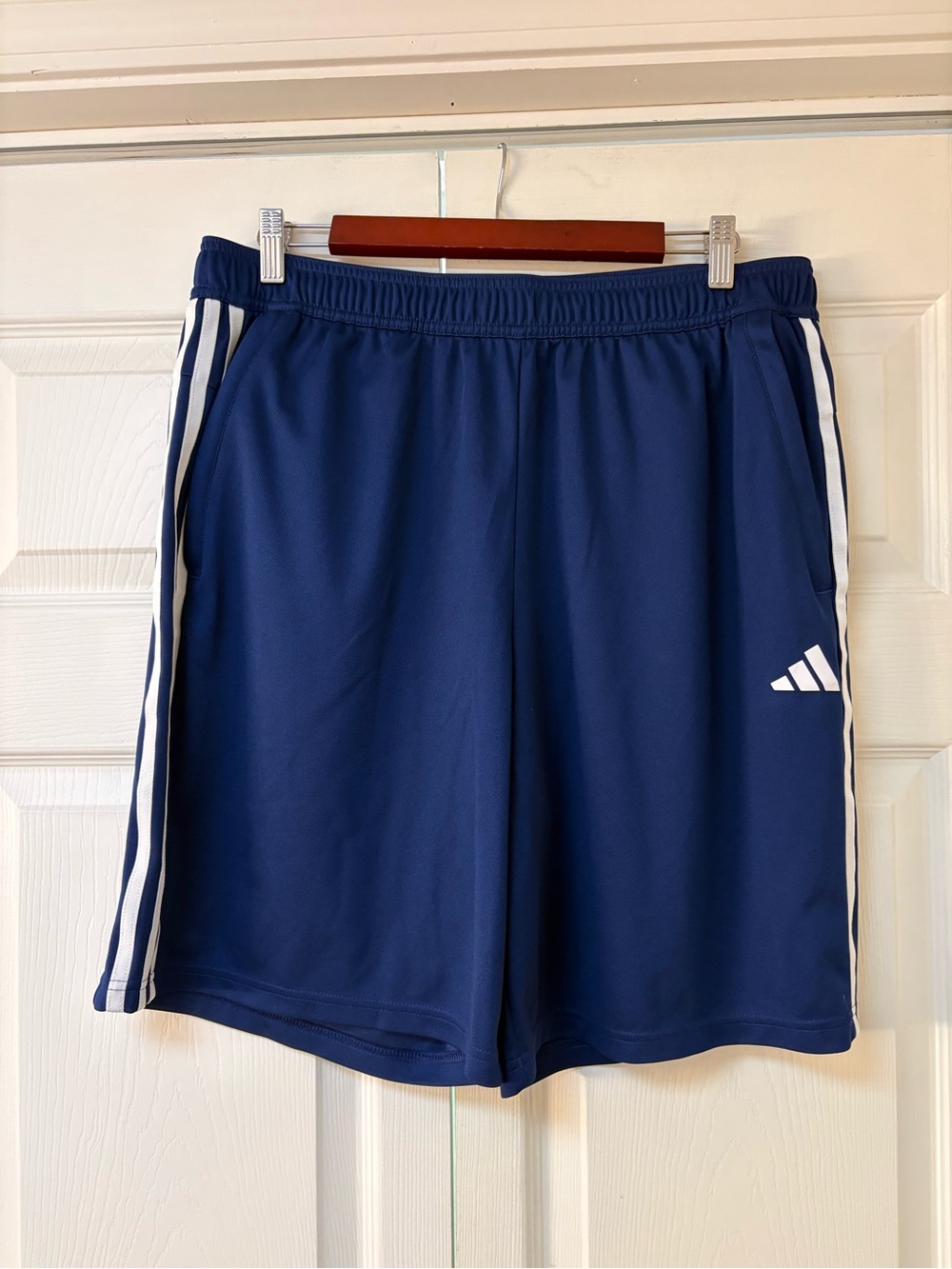 Adidas Men’s Navy Athletic Shorts with White Stripes